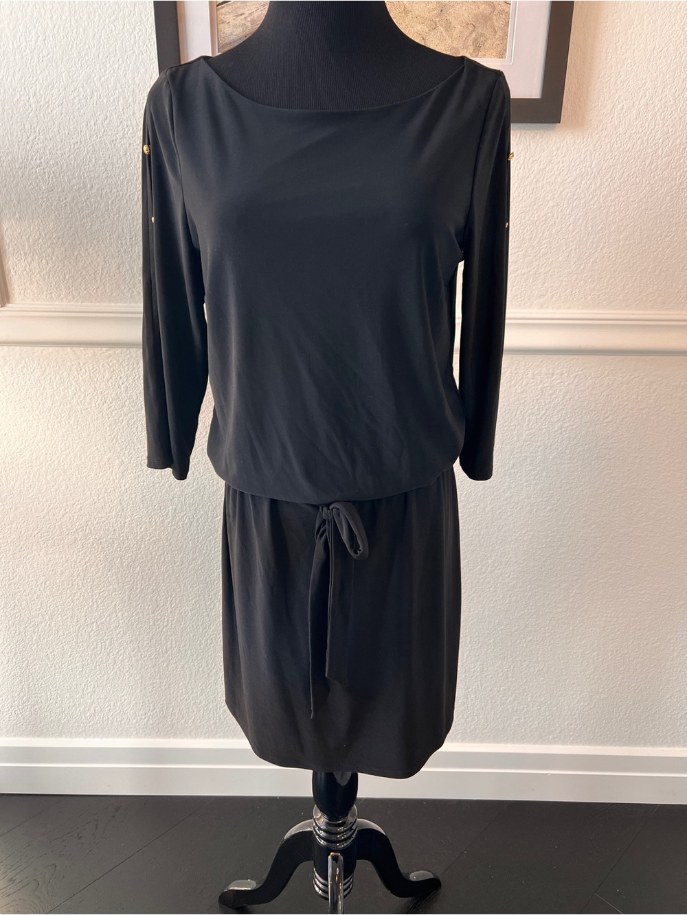 White House Black Market Black Long-Sleeve Drawstring Waist Dress